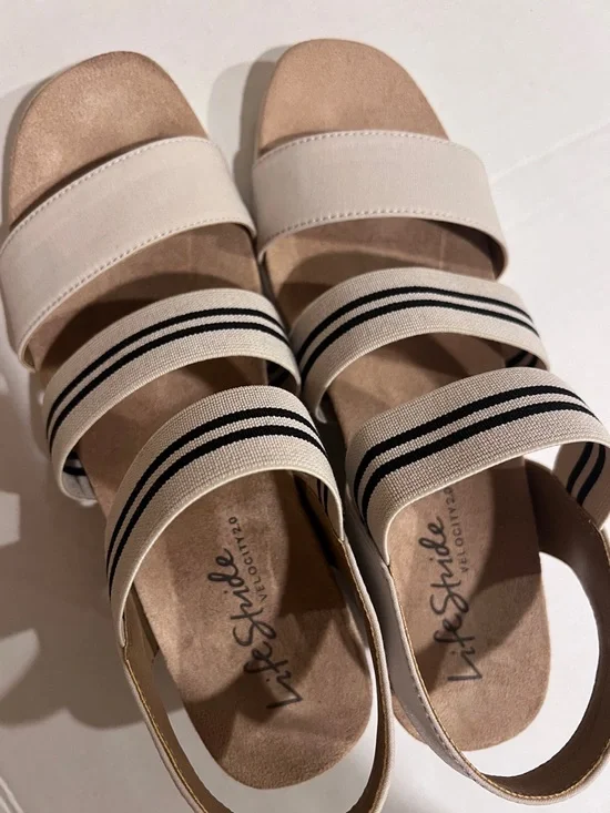 Life Stride Cream/Black Strappy Stretch Slip-in Platform Open Toe Sandals Sz 9 - Picture 6 of 14